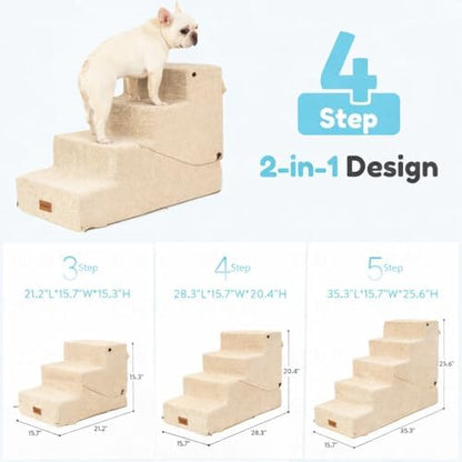 4-Step Dog Stair and Ramp for Small Dogs and Cats, Pet Steps for Bed with Non-Slip Bottom, Beige - Image 2