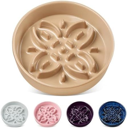 vancasso Ceramic Slow Feeder Dog Bowls, Puzzle Dog Food Bowls with Floral Maze, Anti -Slip Pet Food Dish for Small Breed, 0.6 Cups, Brown by vancasso