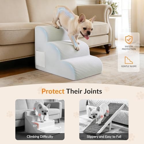 Dog Stairs for Couch and Chair,15.7" H 3-Step Pet Steps for Small Dogs and Cats, Non-Slip Sturdy Dog Ramp with Anti-Tip Safety Strap and Washable Cover,Balanced Ramp Indoor Pet Stairs - Image 5