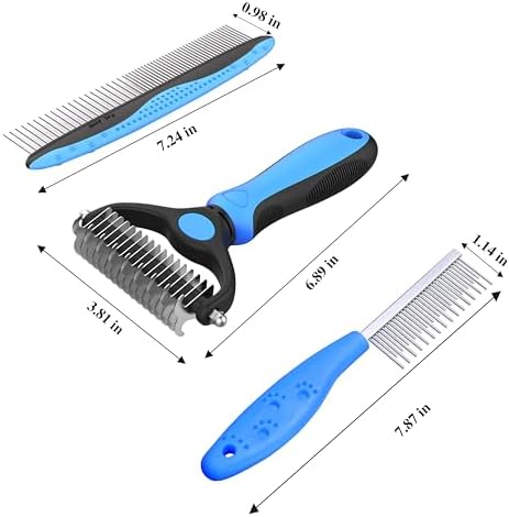 4 Pack Pet Grooming Combo - Blue Deshedding Brush,With Metal Comb,Bath Brush, With Long & Short Stainless Steel Teeth Depilatory Comb For Detangling And Dematting Long, Matted Fur On Cats And Dogs - Image 2