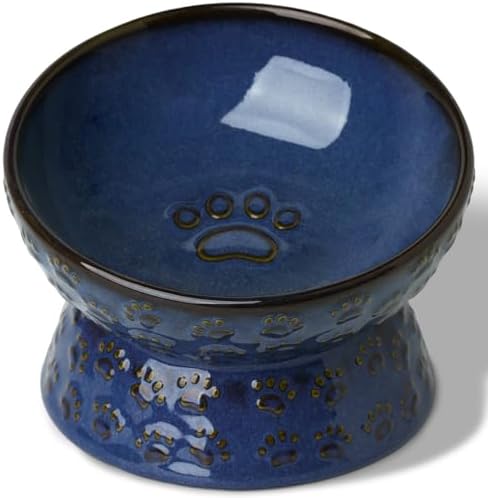 Ceramic Cat Food Bowl, 15°Tilted Raised Cat Food Bowl 5oz (Vintage Blue) by QUXIJA