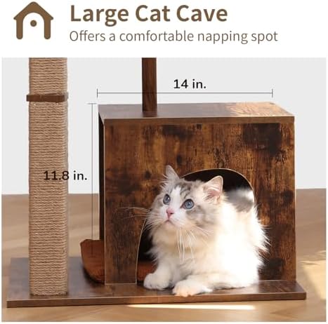 FUKUMARU Retro-Modern Cat Tree, Small Wooden Cat Tower with Post and Condo - Image 4
