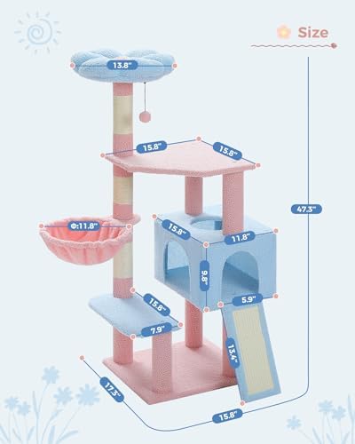 MUTTROS Flower Cat Tree 47.2" Multi-Level Cat Tower with Sisal Covered Scratching Posts, Cute Cat Condo for Indoor Small Medium Cats, Pink Top Perch, Ramp, Fluffy Ball, Blue - Image 7