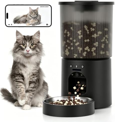 Automatic Cat Feeder, 4.5L Easy Install Pet Food Dispenser, 1080P HD Camera, 5GWIFI with Night Vision, Motion Alarm, Stainless Steel (Black) by Unknown
