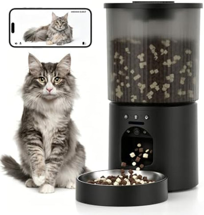 Automatic Cat Feeder, 4.5L Easy Install Pet Food Dispenser, 1080P HD Camera, 5GWIFI with Night Vision, Motion Alarm, Stainless Steel (Black) by Unknown