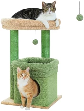 PEQULTI Small Cat Tree Tower for Indoor Cats, Sisal Post & Cozy Condo Green by PEQULTI