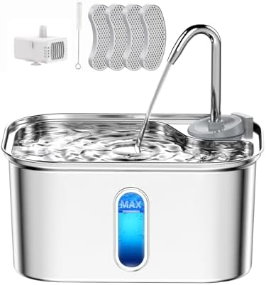 Cat Water Fountain Stainless Steel for Cats Indoor 2.5L 85oz by BPA-Free SUS304, Effective 6-Layer Filter Cat Fountain for Drinking 20dB Ultra Quiet Metal Pet Water Fountain (Fountain+4 Filters) by Petlipo