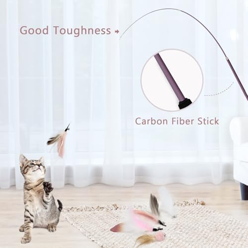 SONGWAY Interactive Cat Feather Toy Set - Retractable Teaser Wand with 6 Pcs Feather Refills with Bell, Cat Wand Toys for Indoor Cats Kittens Play Chase Exercise, Light Pink - Image 5