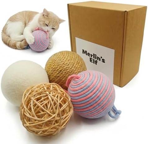 Merlin's Elf Cat Toy Balls for Indoor Cats and Kittens, Natural Sisal, Wool Felt, Rattan and Cotton Balls for Chasing and Interactive Play, 4 Pack by Unknown