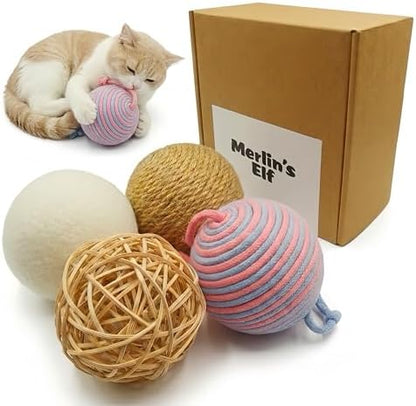 Merlin's Elf Cat Toy Balls for Indoor Cats and Kittens, Natural Sisal, Wool Felt, Rattan and Cotton Balls for Chasing and Interactive Play, 4 Pack by Unknown