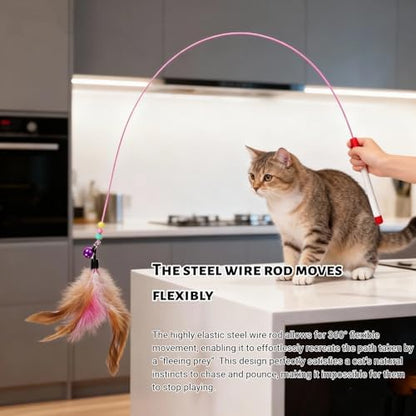 Cat Feather Wand Toy - Steel Wire Feather Interactive Cat Stick Training - Beads Bells Kitten Wand Toys Pet, Funny Kitten Fishing Pole Toy for Bored Indoor Chase & Exercise(1Pcs) - Image 6