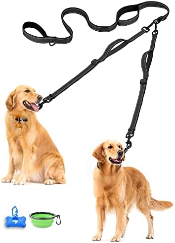 PetBonus Double Dog Leash, No Tangle Dual Leash, Reflective Walking Training Lead, 4 Comfortable Padded Handles for 2 Dogs with Collapsible Bowl and Waste Bags (Black, Large) by Petbonus