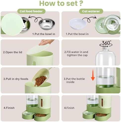 Automatic Cat Feeder Stainless Steel Water Dispenser Gravity Food Feeder and Waterer Set with Pet Food Bowl for Small Medium Kitten Puppy Pets Large Capacity(Green) - Image 5