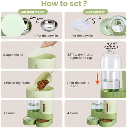 Automatic Cat Feeder Stainless Steel Water Dispenser Gravity Food Feeder and Waterer Set with Pet Food Bowl for Small Medium Kitten Puppy Pets Large Capacity(Green) - Image 5