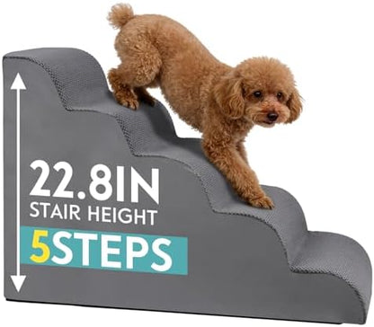 Dog Stairs for Small Dogs, 22.8" H Pet Stairs 5-Steps Ramp for Puppy, Older Cat, Stairs with Whole 30D High Density Foam, Corduroy Fabric, Non-Slip Bottom Dog Steps for Bed and Couch (Grey, 5-Step) by Unknown