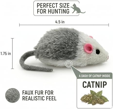 Smokey's Stash Gray and White Faux Fur Cat Mice Toy 12 Per Pack Multi Color Realistic Interactive Small Mouse with Rattle and Catnip Safe for Adult Cats and Kittens - Image 3