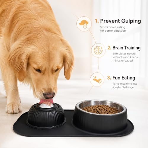 2-in-1 Dog Licking Bowl with Rolling Ball, Stainless Steel Dog Bowls & No-Spill Silicone Lick Mat for Dogs, Wet Dry Separation Dog Slow Feeder Puzzle Licking Toy for Dogs and Cats - Image 3
