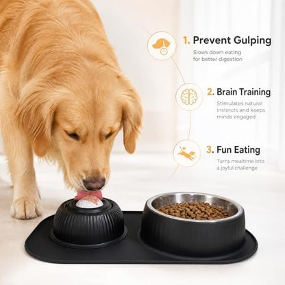 2-in-1 Dog Licking Bowl with Rolling Ball, Stainless Steel Dog Bowls & No-Spill Silicone Lick Mat for Dogs, Wet Dry Separation Dog Slow Feeder Puzzle Licking Toy for Dogs and Cats - Image 3