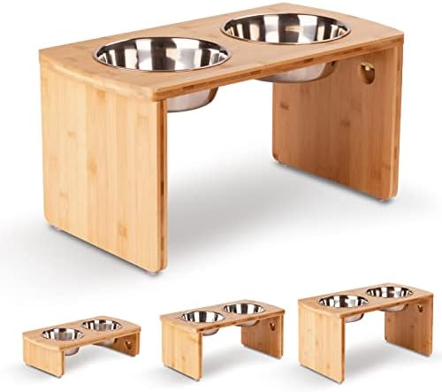 Elevated Dog Bowls, Bamboo Raised Dog Bowl for Large Dogs & Medium Dogs, with 2 Stainless Steel Bowls (10'' Tall–48 oz Bowl) by JoyoPawFamily