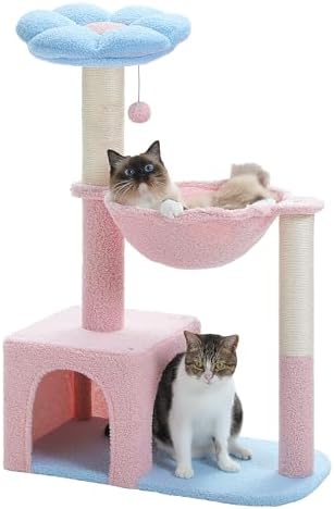 MUTTROS Flower Cat Tree with Large Metal Frame Hammock, 35" Pink Cat Tower with Sisal Scratching Posts for Small Indoor Cats, Cat Condo with Blue Top Perch for Kittens, Fluffy Ball, Pink by MUTTROS