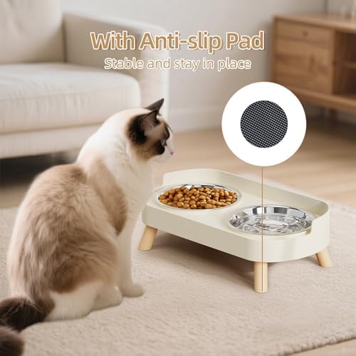 Elevated Cat Bowl, Raised Cat Food and Water Bowl Set for Indoor Cats, Splash Proof with 2 Stainless Steel Pet Food Bowls for Cats and Puppies, Whisker Fatigue and Dishwasher Safe - White - Image 5