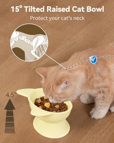 MateeyLife Elevated Cat Bowls, 2P Raised Food and Water Bowl Set for Indoor Cats & Small Dogs, Whisker Fatigue Cat Bowl, Anti Vomit Feeding Pet Bowls, 6 oz Each, Dishwasher Safe - Blue & Yellow - Image 2