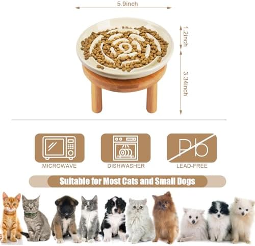 Elevated Slow Feeder Cat Bowls, Ceramic Cat Slow Feeder Bowl with Bamboo Stand, 5.9 Inch Wide Shallow Cats Bowl Whisker Friendly, Anti Vomiting Puzzle Feeder for Dry or Wet Food Dishwasher Safe - Image 4