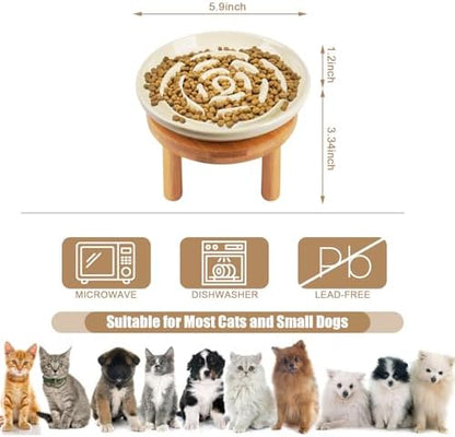 Elevated Slow Feeder Cat Bowls, Ceramic Cat Slow Feeder Bowl with Bamboo Stand, 5.9 Inch Wide Shallow Cats Bowl Whisker Friendly, Anti Vomiting Puzzle Feeder for Dry or Wet Food Dishwasher Safe - Image 4