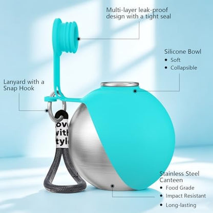 2 in 1 Dog Water Bottle with Bowl, 10oz Stainless Steel - Blue - Image 5
