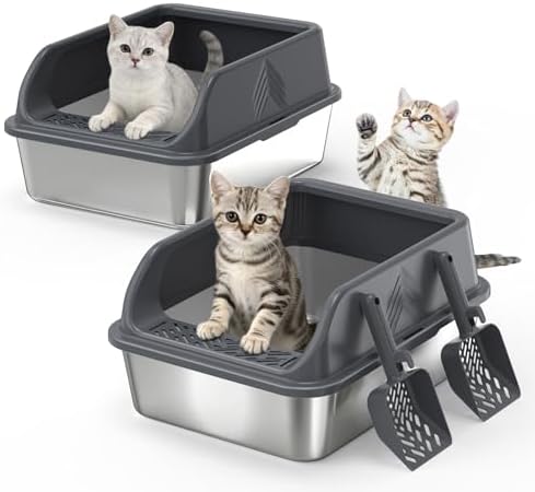 2 Pack Small Stainless Steel Litter Box with Lid for Kitten, Metal Cat Litter Boxes High Sided Enclosed for Injured Cats and Rabbit, Anti-Urine Leakage | Non-Stick Bottom & Includes Scoop by AKAOLA