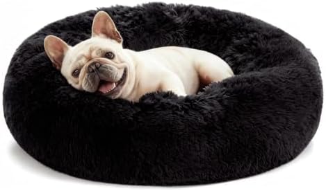 Love's cabin Calming Cat Bed for Indoor Cats, Anti-Anxiety Donut Round Dog Bed,Fluffy Faux Fur Washable Pet Bed for Small Medium Dogs and Cats, Black, 24in by Lovescabin