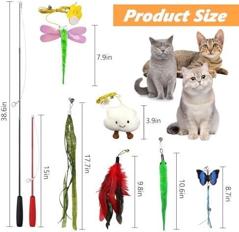 Cat Toys Interactive Feather Teaser Wand Set, 11 Pack Retractable Cat Fishing Pole Toy with Assorted Replaceable Attachments & Bells, Fun Hunting Exercise Toys - Image 5
