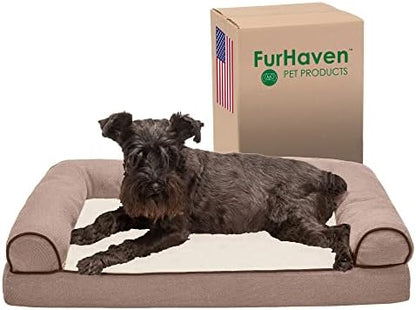 Furhaven Memory Foam Dog Bed for Medium/Small Dogs w/ Removable Bolsters & Washable Cover, For Dogs Up to 35 lbs - Sherpa & Chenille Sofa - Cream, Medium by FurHaven