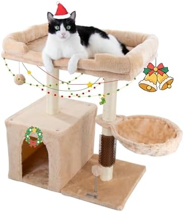 28.4" Small Cat Tree Tower,Cat Scratching Post for Indoor Cats,Featuring with Cat Cave & Cozy Perch,Cat Self Groomer and Interactive Dangling Ball Great for Kittens/Cats (Beige, Large) by Hapineko