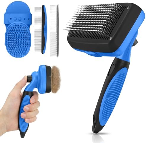 Self Cleaning Shedding Brush - 5-in-1 Professional Pet Grooming Kit Skin Friendly Grooming Tool for Dogs, Cats, and Puppies, Deshedding and Hair Removal for Long and Short Haired Pets, Blue by AUSRKI
