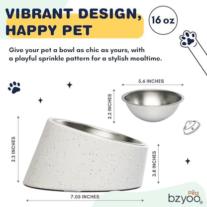 bzyoo 16oz Tilted Dog Bowl for Small Dogs & Cats, 15° Elevated Stainless Steel Pet Feeder, Ergonomic Anti-Vomiting Food Bowl for Frenchie, Pug, Persian Cat, Non-Skid Melamine Stand, Sprinkle (White) - Image 2