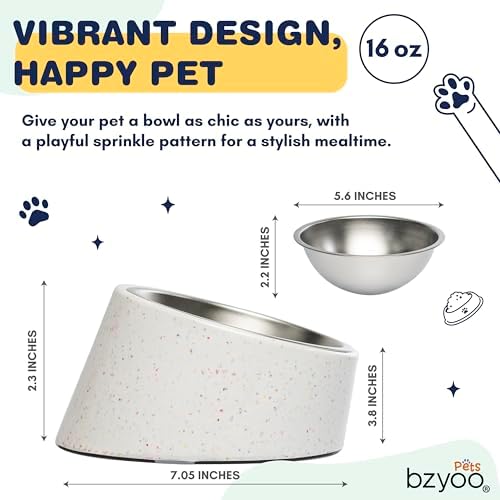 bzyoo 16oz Tilted Dog Bowl for Small Dogs & Cats, 15° Elevated Stainless Steel Pet Feeder, Ergonomic Anti-Vomiting Food Bowl for Frenchie, Pug, Persian Cat, Non-Skid Melamine Stand, Sprinkle (White) - Image 2