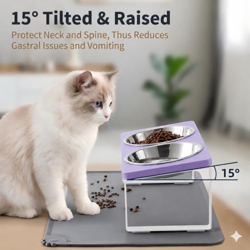 Summark Upgraded Elevated Cat Bowls with Food Mat,15°Tilted Stand Anti Vomiting Raised Cat Dishes for Food and Water,2 Stainless Steel Bowls for Cats and Puppy（Lavender） - Image 3