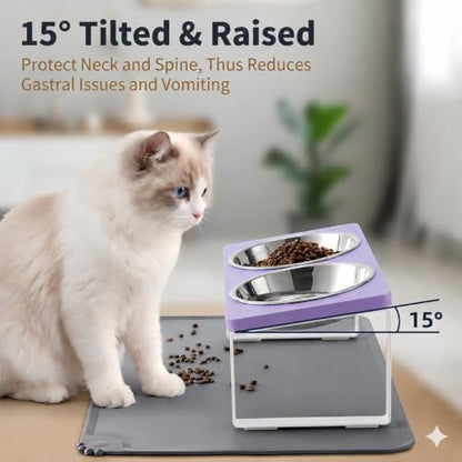 Summark Upgraded Elevated Cat Bowls with Food Mat,15°Tilted Stand Anti Vomiting Raised Cat Dishes for Food and Water,2 Stainless Steel Bowls for Cats and Puppy（Lavender） - Image 3