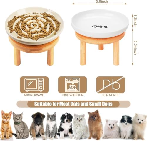 Shallow Elevated Cat Bowls with Bamboo Stand, 5.9 Inch Raised Slow Feeder Cat Bowl and Wide Ceramic Cats Bowls Whisker Friendly, 2 Pack Pet Dishes for Dry and Wet Food Dishwasher Safe - Image 2