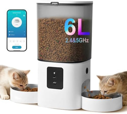 ANDOLL HOME 2.4G/5G Automatic Cat Feeder, 6L WiFi Cat Food Dispenser with 10s Voice Recorder, Double Bowl Pet Feeder up to 10 Meals per Day, Timed Feeder with Dry Food Sealed Ring (White) by ANDOLLHOME