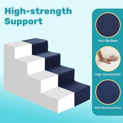Dog Stairs for Bed, Extra Wide 4-Step Dog Steps for High Bed, High-Density Foam Pet Stairs with Non-Slip Removable Washable Cover for Small Pets, 18" H, Navy - Image 3