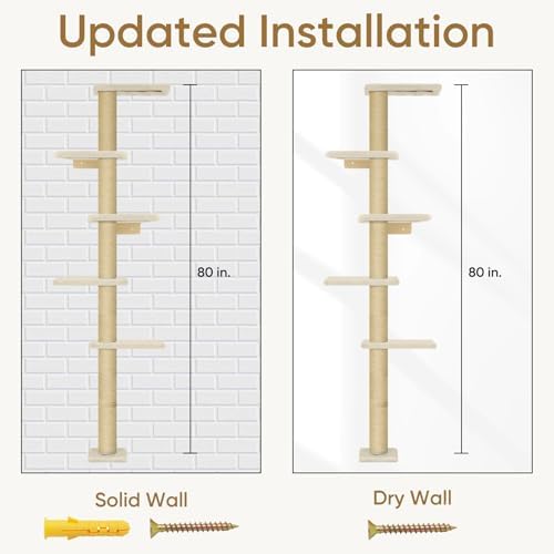 PAWSCRAT 5-Tier Wall-Mounted Cat Tree, 80-Inch Sisal Post, Beige - Image 6