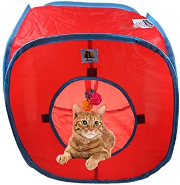 emours Cat Play Cube Collapsible Tunnel Cat House Toys,with 4 Balls, Red by emours
