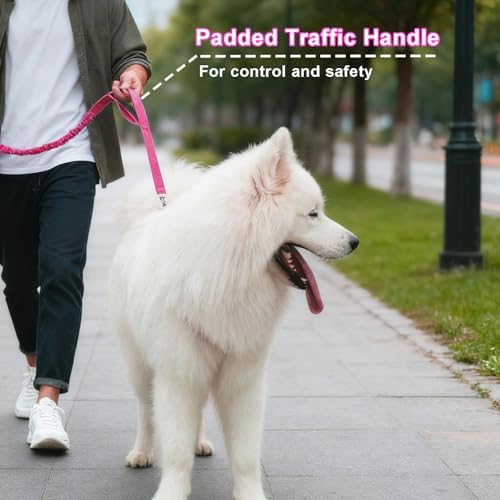 5FT Bungee Dog Leash with 2 Handles, Reflective Strong Nylon Traffic Leash, Shock Absorbing Lead for Large Medium Dogs Walking Training Controlling, Rose red - Image 6