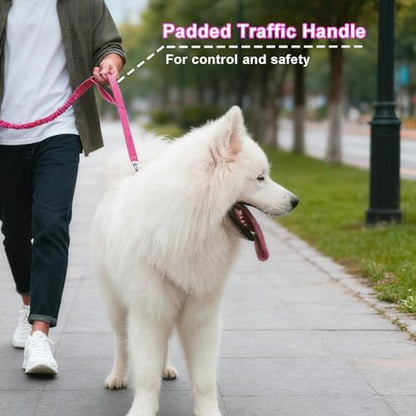 5FT Bungee Dog Leash with 2 Handles, Reflective Strong Nylon Traffic Leash, Shock Absorbing Lead for Large Medium Dogs Walking Training Controlling, Rose red - Image 6