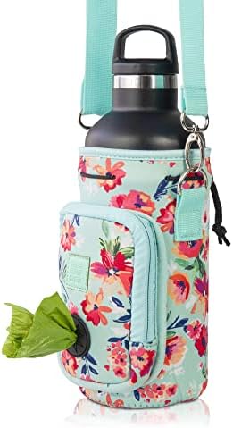 Made Easy Kit Water Bottle Carrier with Pocket for Dog Poop Waste Bags and Adjustable Padded Shoulder Strap (Large (32oz) with Bowl, Teal Floral) - Image 6