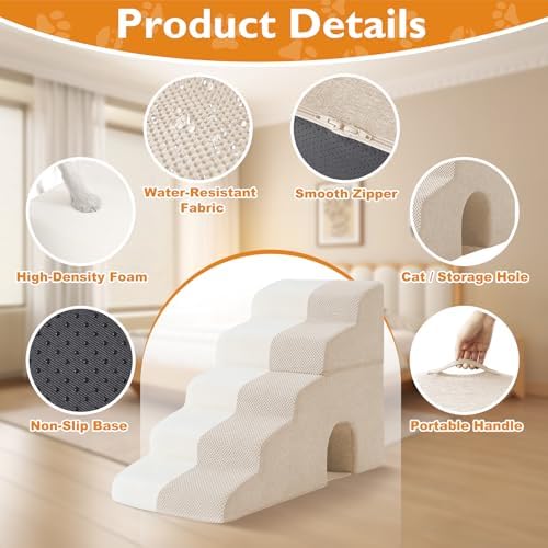 Ahpmeoa Dog Stairs for Bed 23'' H, 5-Step Dog Steps for High Bed, Beige - Image 4