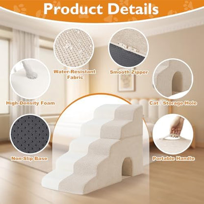 Ahpmeoa Dog Stairs for Bed 23'' H, 5-Step Dog Steps for High Bed, Beige - Image 4