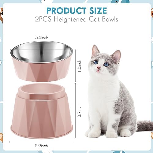 Lallisa 2 Pcs Elevated Cat Bowls Adjustable Raised Cat Feeder Non Slip Food Water with Stand Safe Stainless Steel Bowls with Pet Food Stand for Pets Feeding Eating(Pink, White) - Image 2